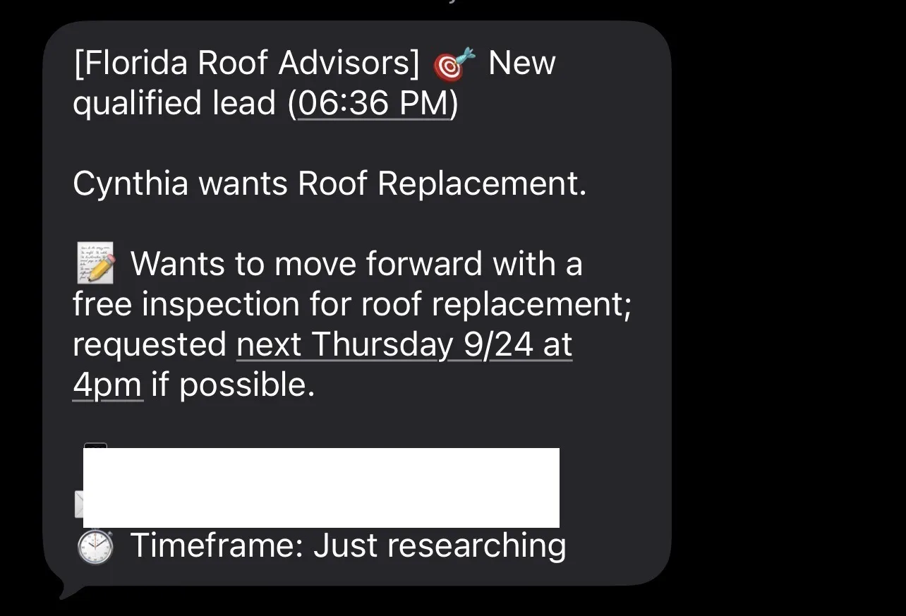 Lead alert from the AI SMS system: a Jacksonville homeowner, Cynthia, wants a roof replacement and asked for a free inspection next Thursday at 4pm; phone and email blurred.