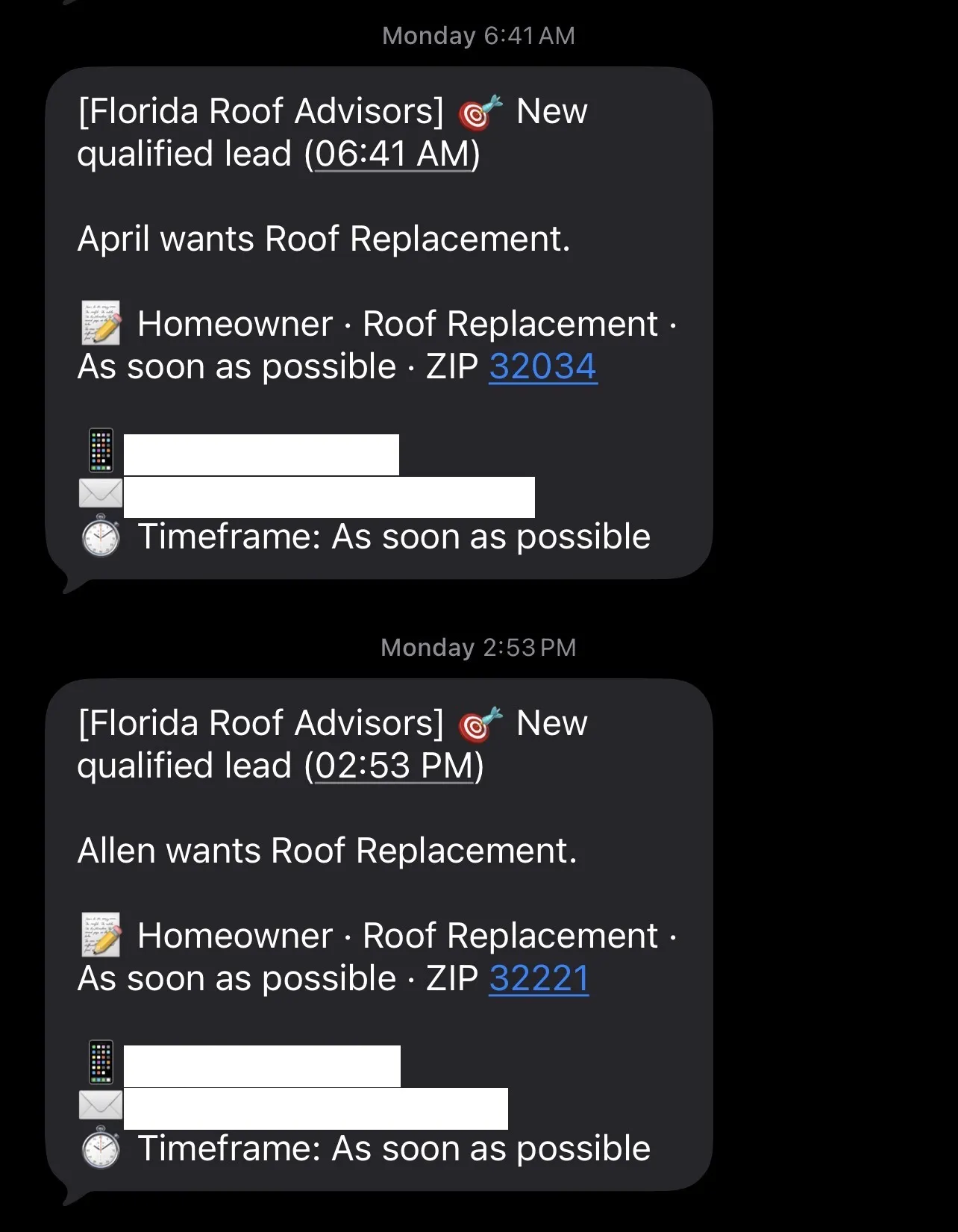 Lead dashboard showing 2 exclusive roofing leads delivered to a Jacksonville, FL roofing company in one day — both roof replacements, both marked ASAP; homeowner contact details blurred.