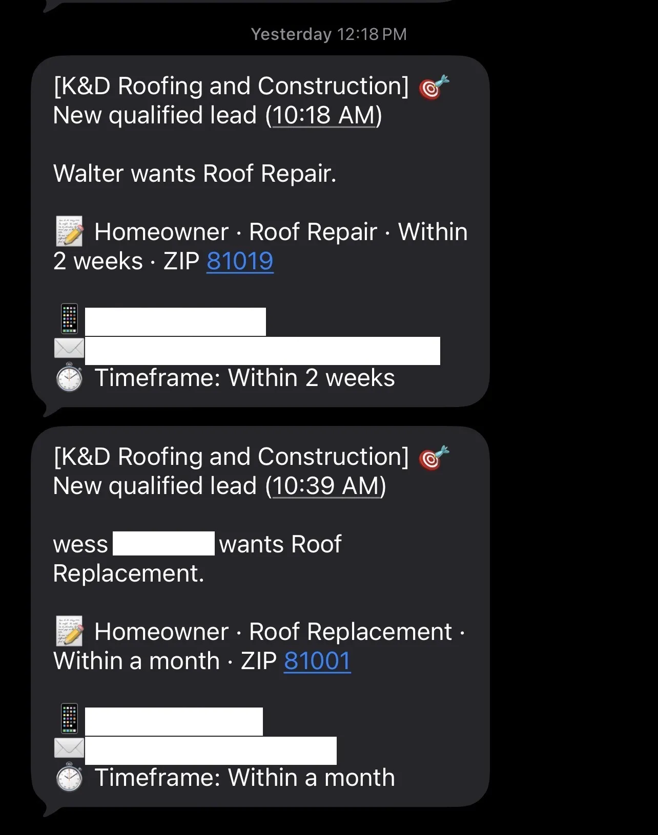 Lead dashboard showing 2 exclusive roofing leads delivered to a Colorado roofing company in one day — one roof replacement and one repair; homeowner contact details blurred.