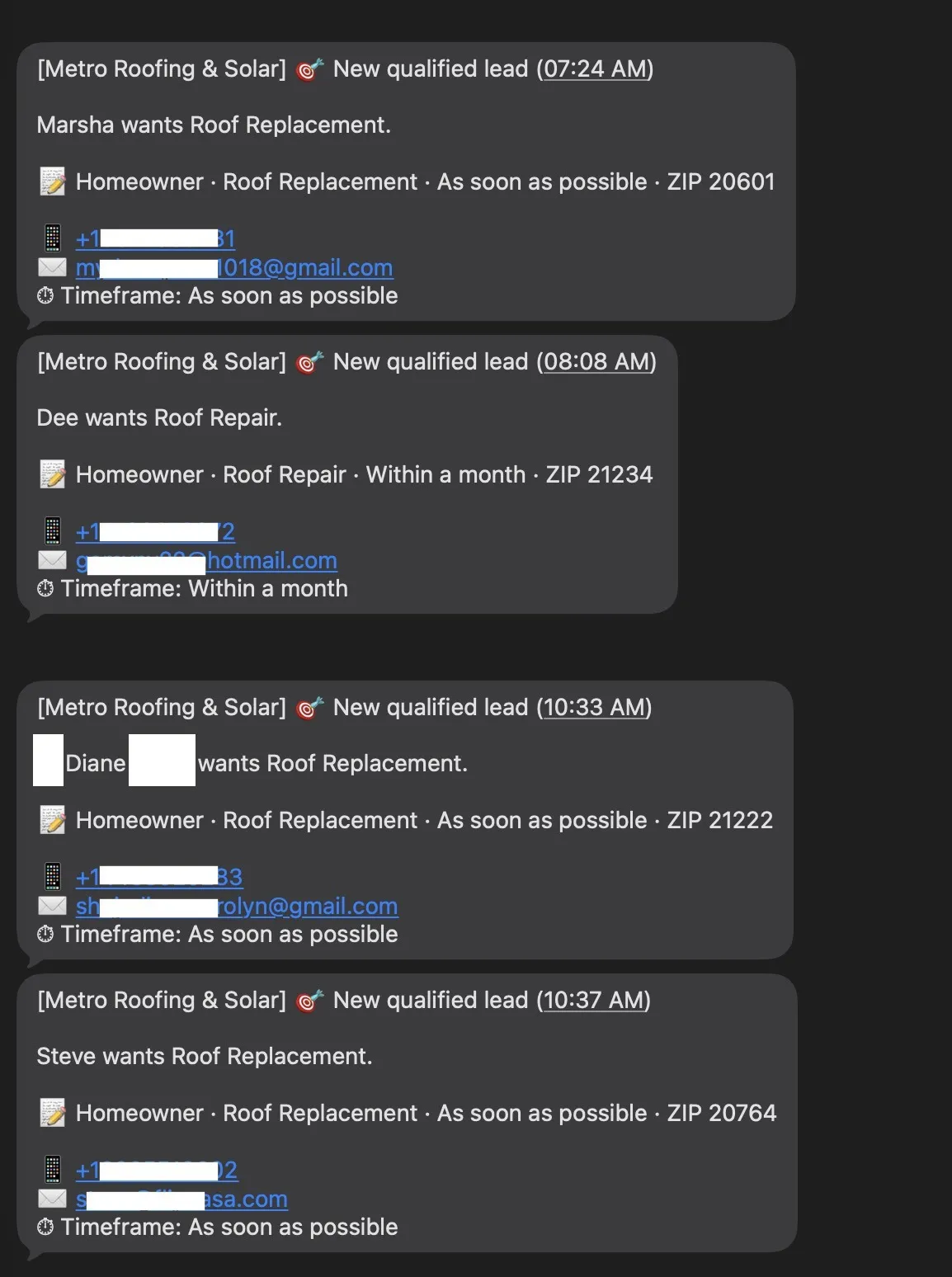 Lead dashboard showing 4 exclusive roofing leads delivered to a Maryland roofing company in one day — 3 roof replacements and 1 repair, most marked ASAP; homeowner contact details blurred.