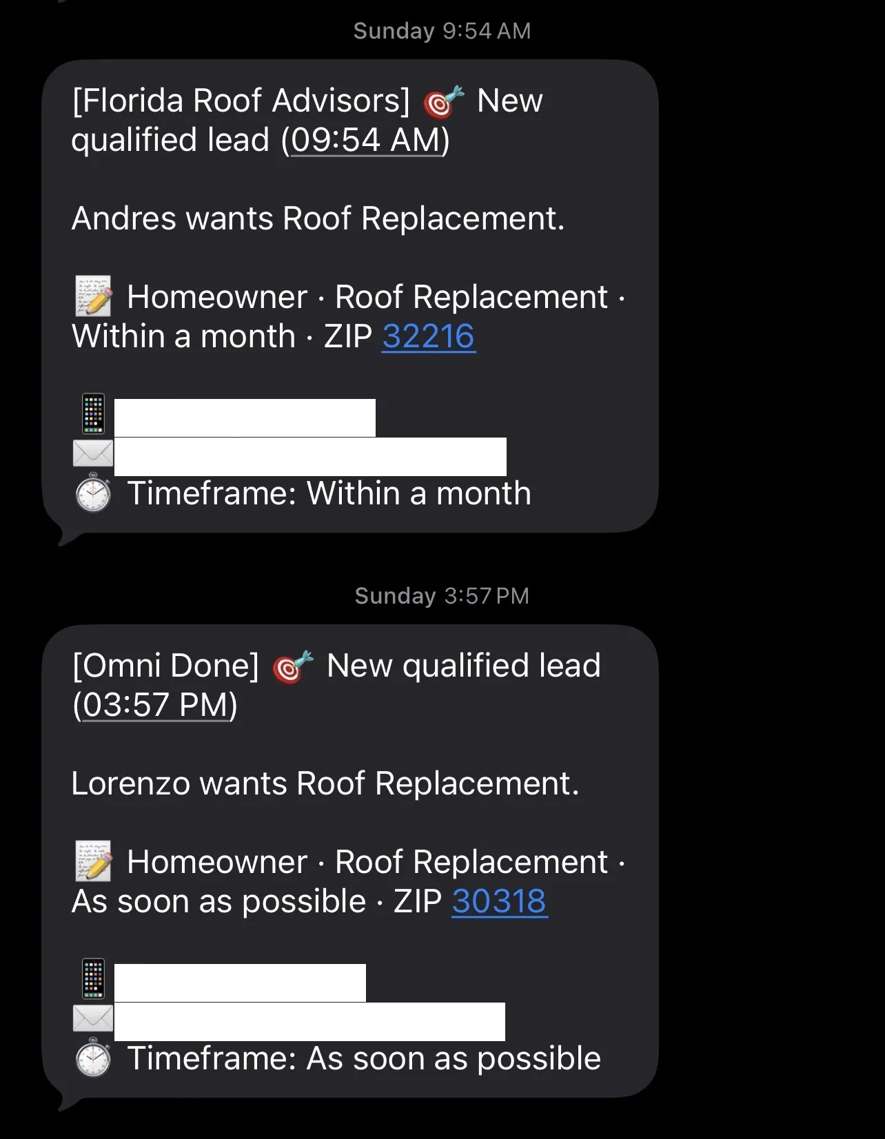 Lead dashboards showing exclusive roofing leads delivered the same day to two different roofing companies in two states — both roof replacements, one marked ASAP; homeowner contact details blurred.