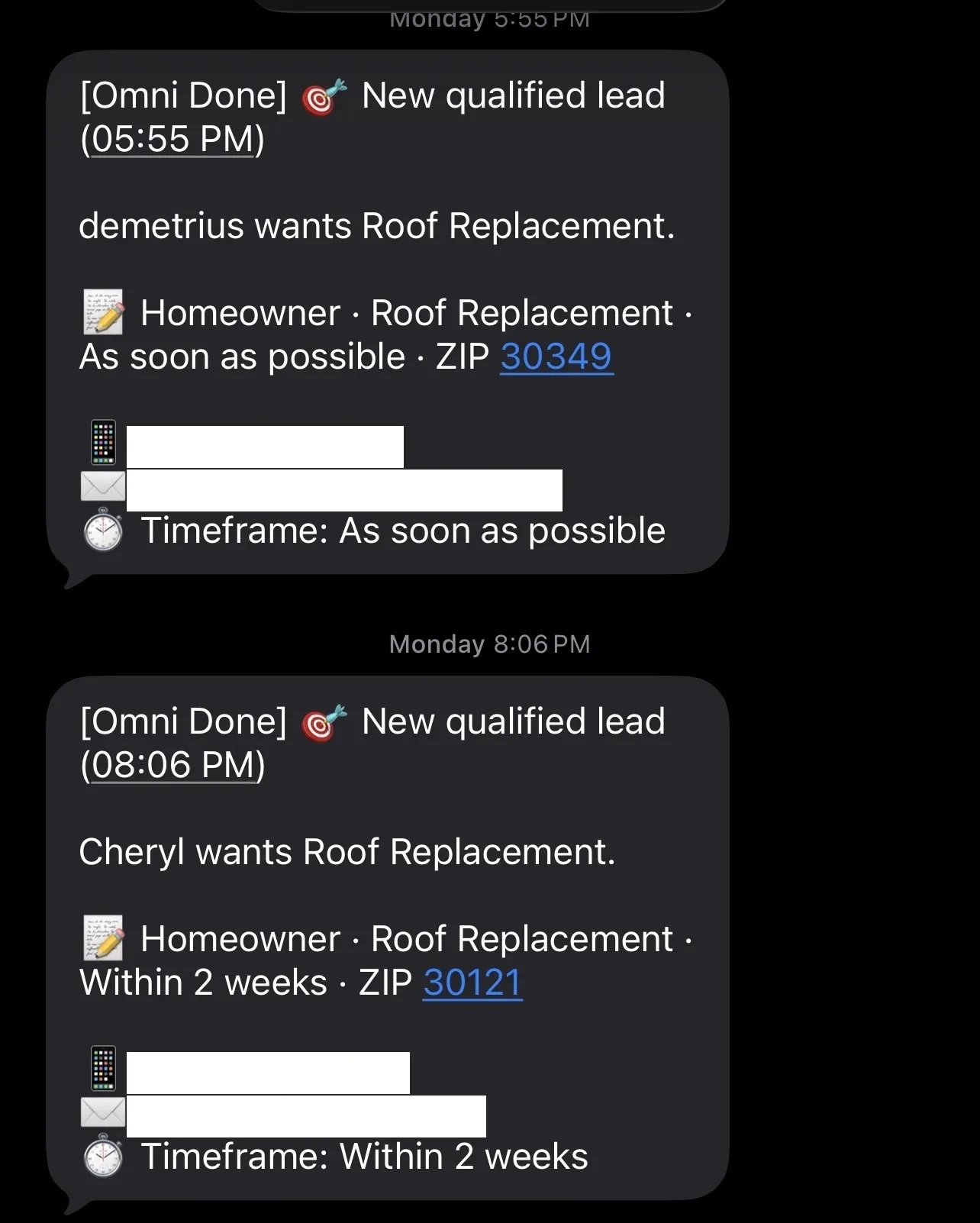 Lead dashboard showing 2 exclusive roofing leads delivered to an Atlanta, GA roofing company in one day — both roof replacements, one marked ASAP; homeowner contact details blurred.