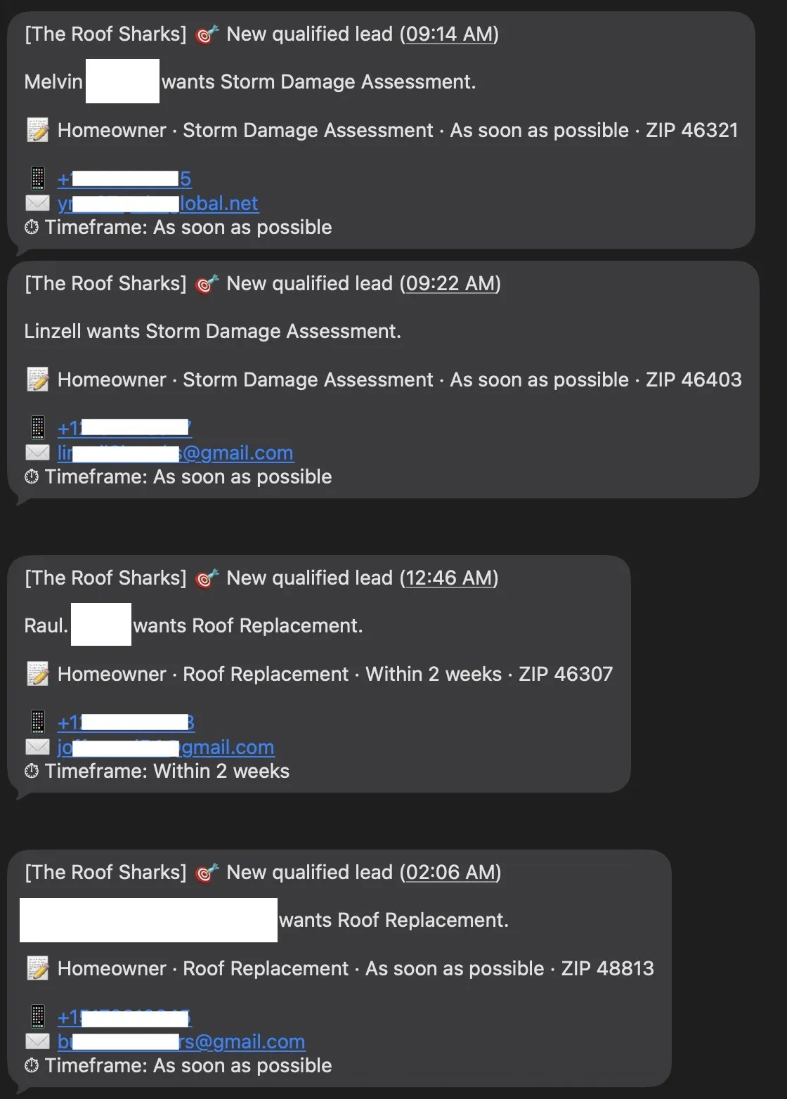 Lead dashboard showing 4 exclusive roofing leads delivered to a Michigan roofing company in one day — 2 replacements and 2 storm-damage jobs, most marked ASAP; homeowner contact details blurred.